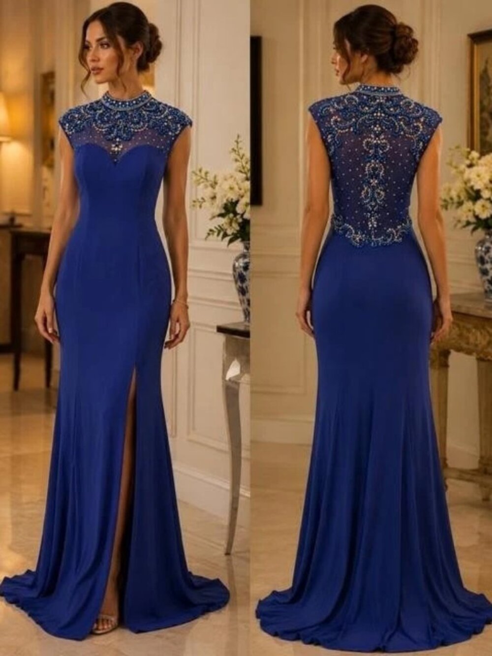 Envious Couture Royal Blue Embellished Illusion Gown
